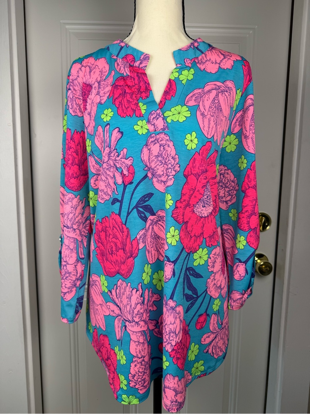 Vibrant Floral Split-Neck Tunic in Teal, Hot Pink & Lime